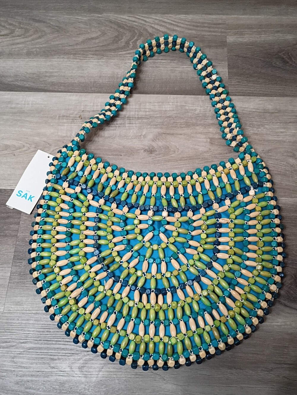 NWT THE SAK Vintage Blue Green Cream Wooden Beaded Samoa Aqua Multi Shoulder Bag